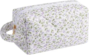 JOVAKIT Travel Makeup Bag Cosmetic Bag for Women, Christmas Gifts, Small Floral Flowers Coquette Toiletry Bag with Handle, Zipper Make Up Pouch Organizer Bag Trendy Stuff (Purple Floral)
