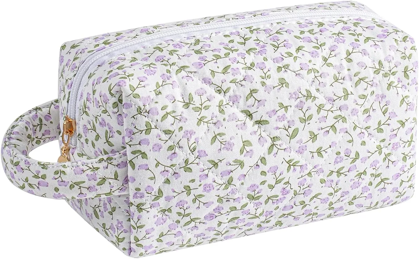JOVAKIT Travel Makeup Bag Cosmetic Bag for Women, Christmas Gifts, Small Floral Flowers Coquette Toiletry Bag with Handle, Zipper Make Up Pouch Organizer Bag Trendy Stuff (Purple Floral)