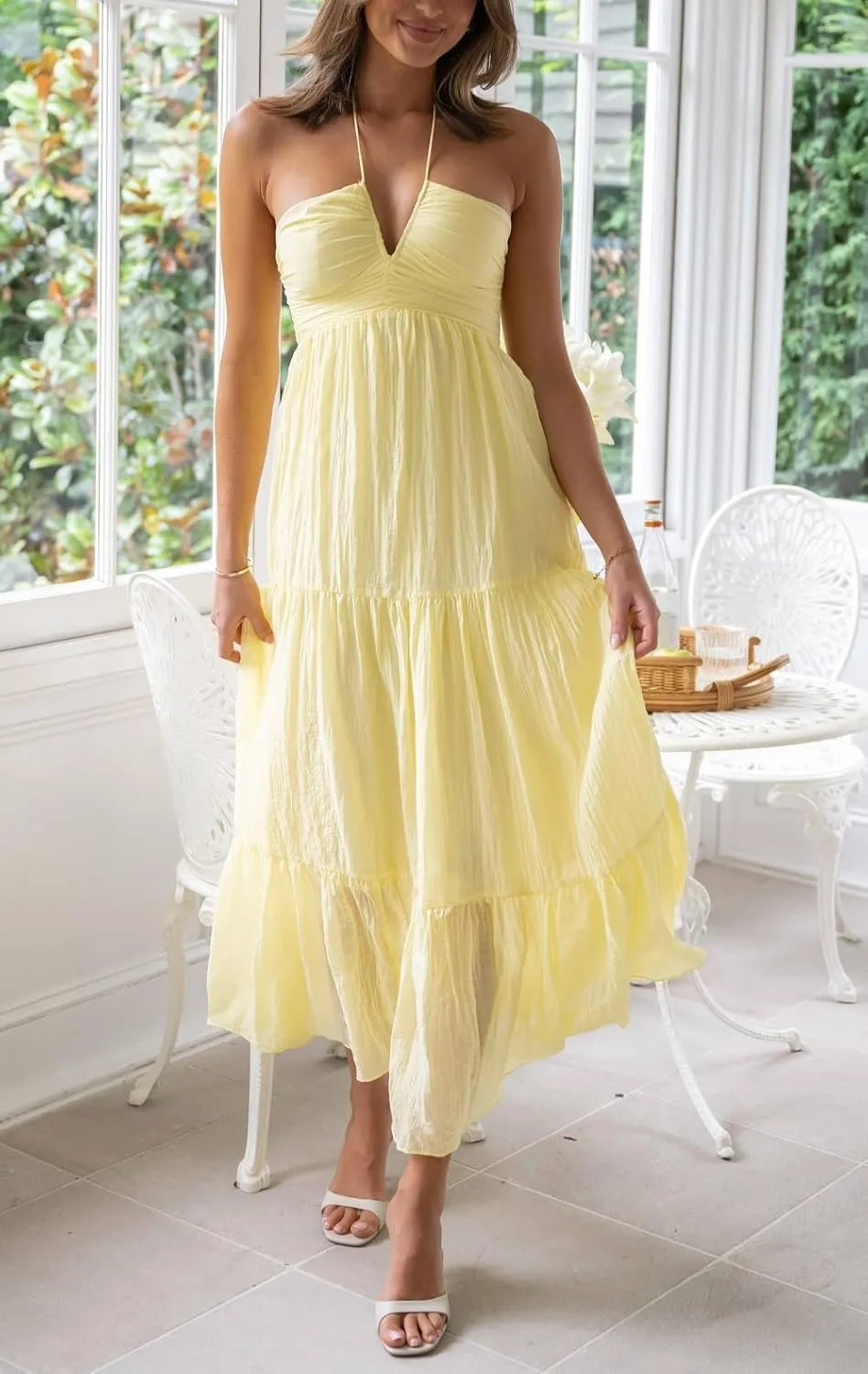 Juakoso Women Summer Boho Spaghetti Strap Long Dress Sleeveless Halter Neck Tie Up Tiered Maxi Dress Casual Beach Sundress