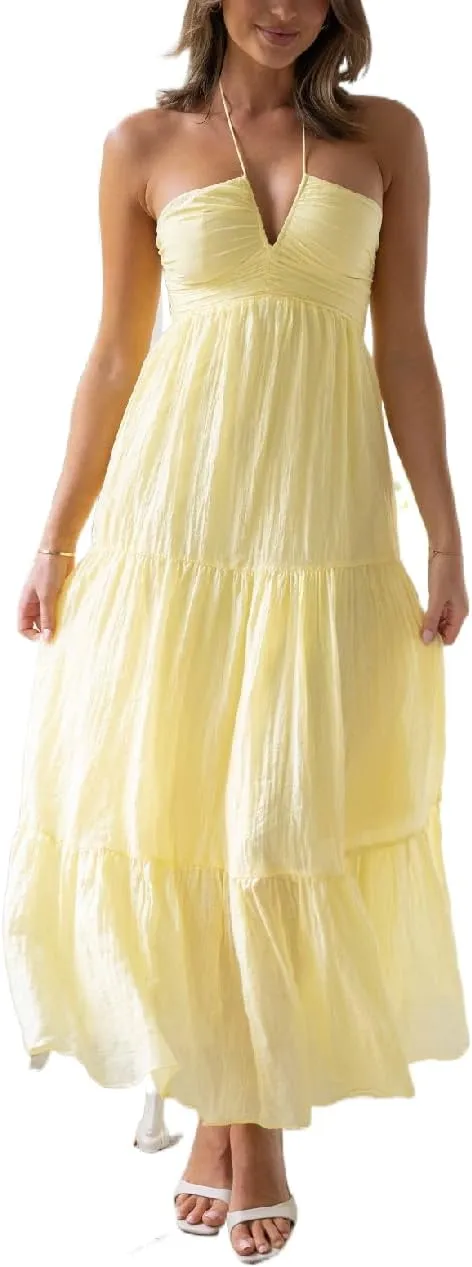Juakoso Women Summer Boho Spaghetti Strap Long Dress Sleeveless Halter Neck Tie Up Tiered Maxi Dress Casual Beach Sundress