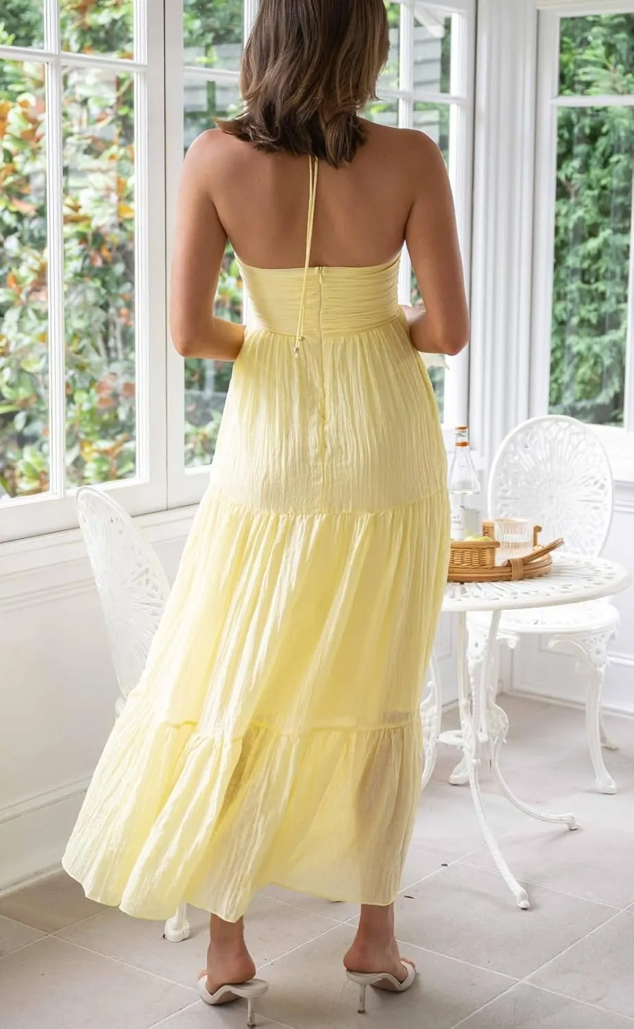 Juakoso Women Summer Boho Spaghetti Strap Long Dress Sleeveless Halter Neck Tie Up Tiered Maxi Dress Casual Beach Sundress