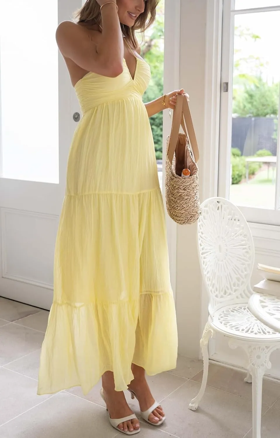 Juakoso Women Summer Boho Spaghetti Strap Long Dress Sleeveless Halter Neck Tie Up Tiered Maxi Dress Casual Beach Sundress