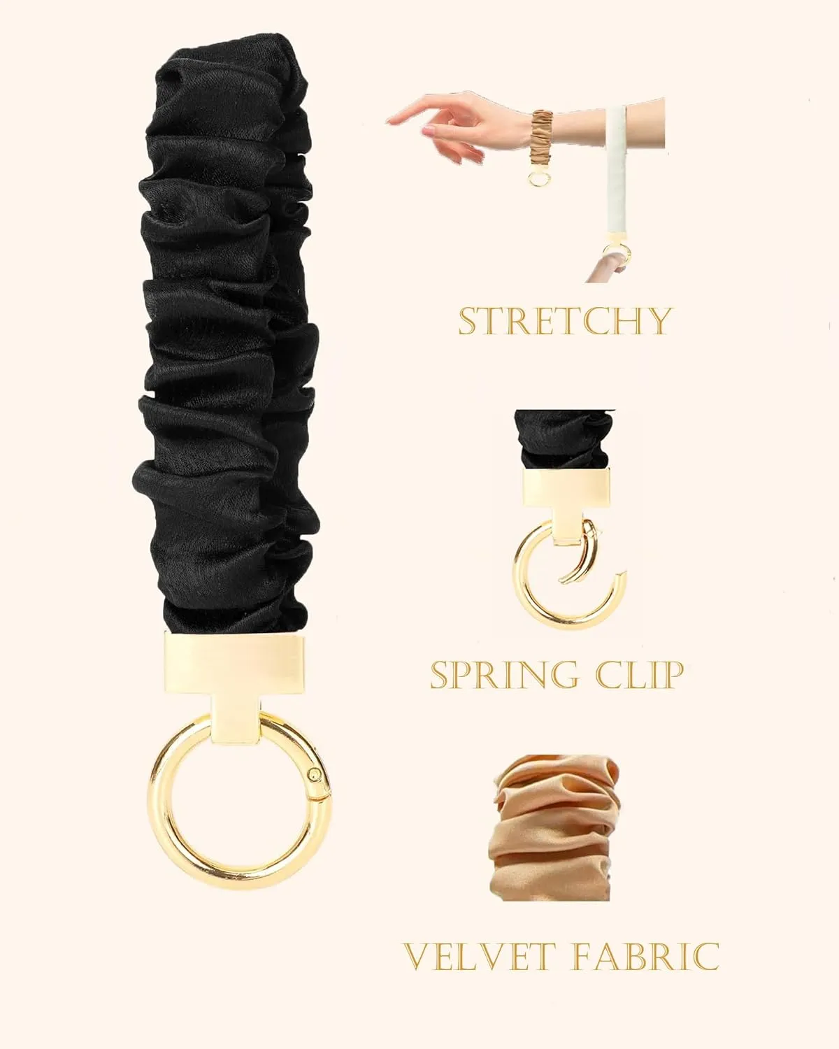 Keychain Wristlet, Stretchy Key Chain for Car Keys with D ring, Cute Scrunchie Wrist Bracelet for Women Men