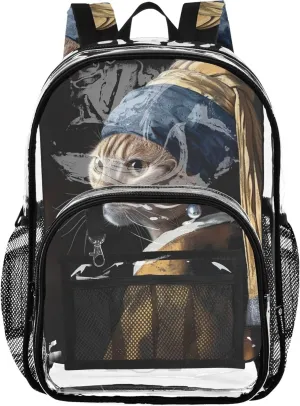 Kids Girls Backpack Boys Funny Cat with Pearl Earring Clear Backpack for Women Plastic See through Bookbag