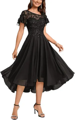 Lace Mother Bride Dresses Tea Length Chiffon Formal Dress Asymmetrical Cocktail Party Gowns with Ruffle Short Sleeve RO64