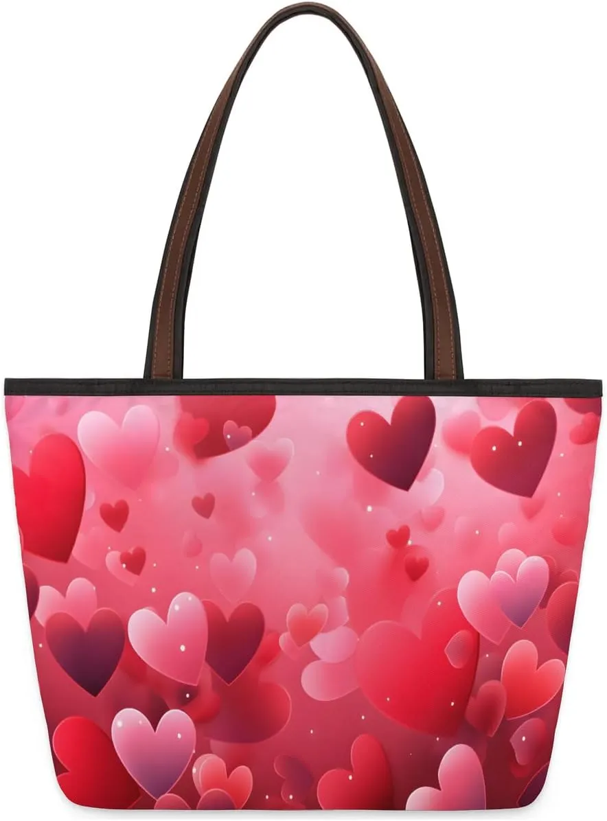 Large Tote Bag For Women Heart Pink Love Work Cloth Bags With Zipper Reusable Grocery Hand Bags Casual Travel Overnight Tote Purses Fit Travel,Work, Vacation,Beach, Shopping, Gym,Gifts