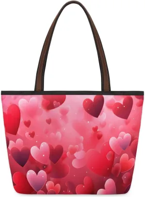 Large Tote Bag For Women Heart Pink Love Work Cloth Bags With Zipper Reusable Grocery Hand Bags Casual Travel Overnight Tote Purses Fit Travel,Work, Vacation,Beach, Shopping, Gym,Gifts