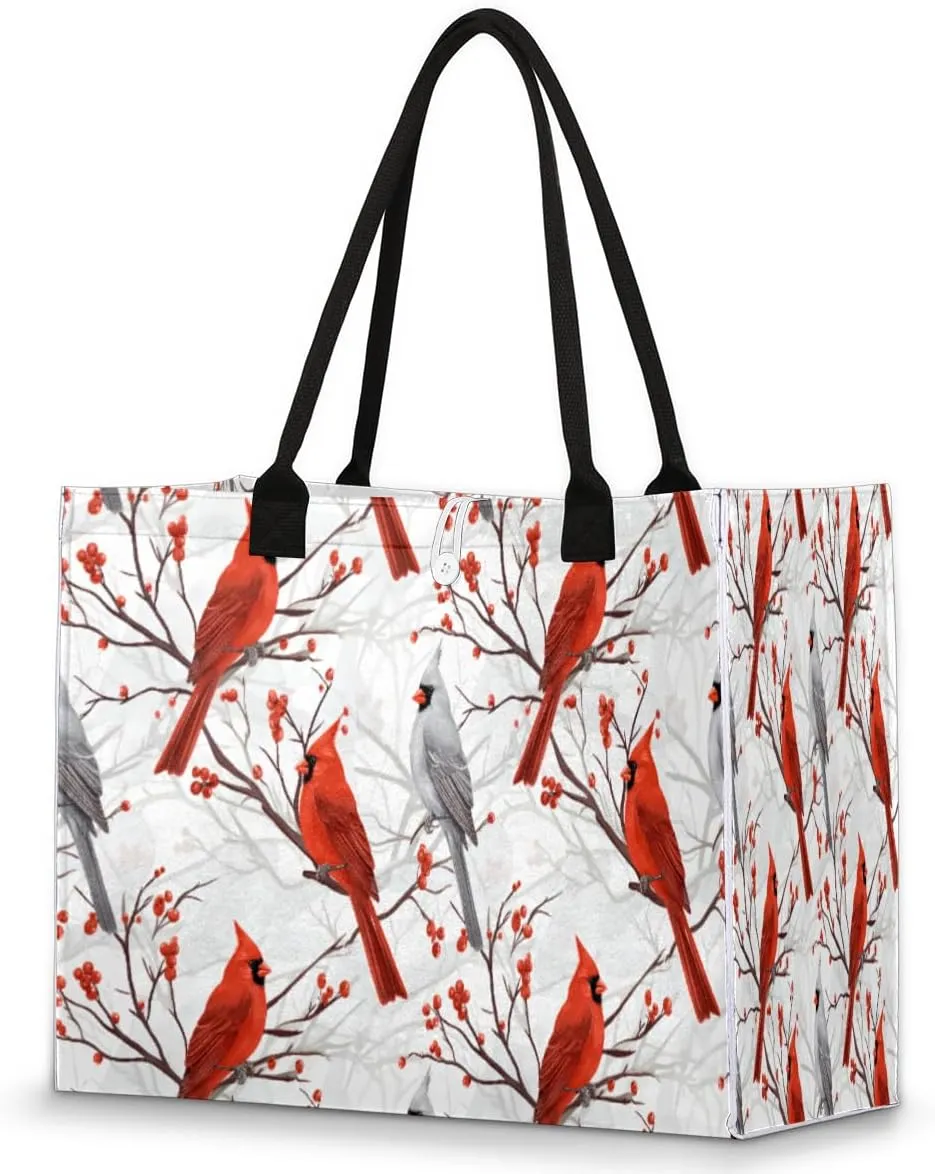 Large Travel Utility Tote Bag for Women Reusable Shopping Bags with Handles Aesthetic Bolsos Para Mujeres Cute Canvas Bag for Beach School Work Grocery Bird Cardinal Print