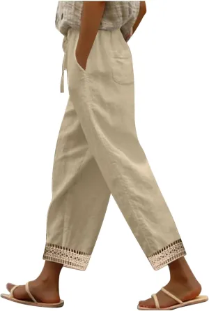 Lastesso Linen Pants Women Casual High Waist Cotton Summer Comfy Slacks Lightweight Vacation Hawaii Trousers with Pockets