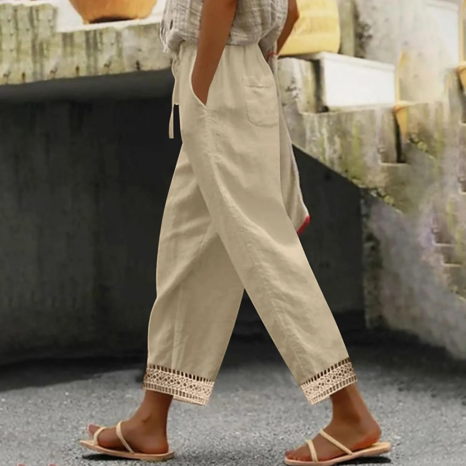 Lastesso Linen Pants Women Casual High Waist Cotton Summer Comfy Slacks Lightweight Vacation Hawaii Trousers with Pockets