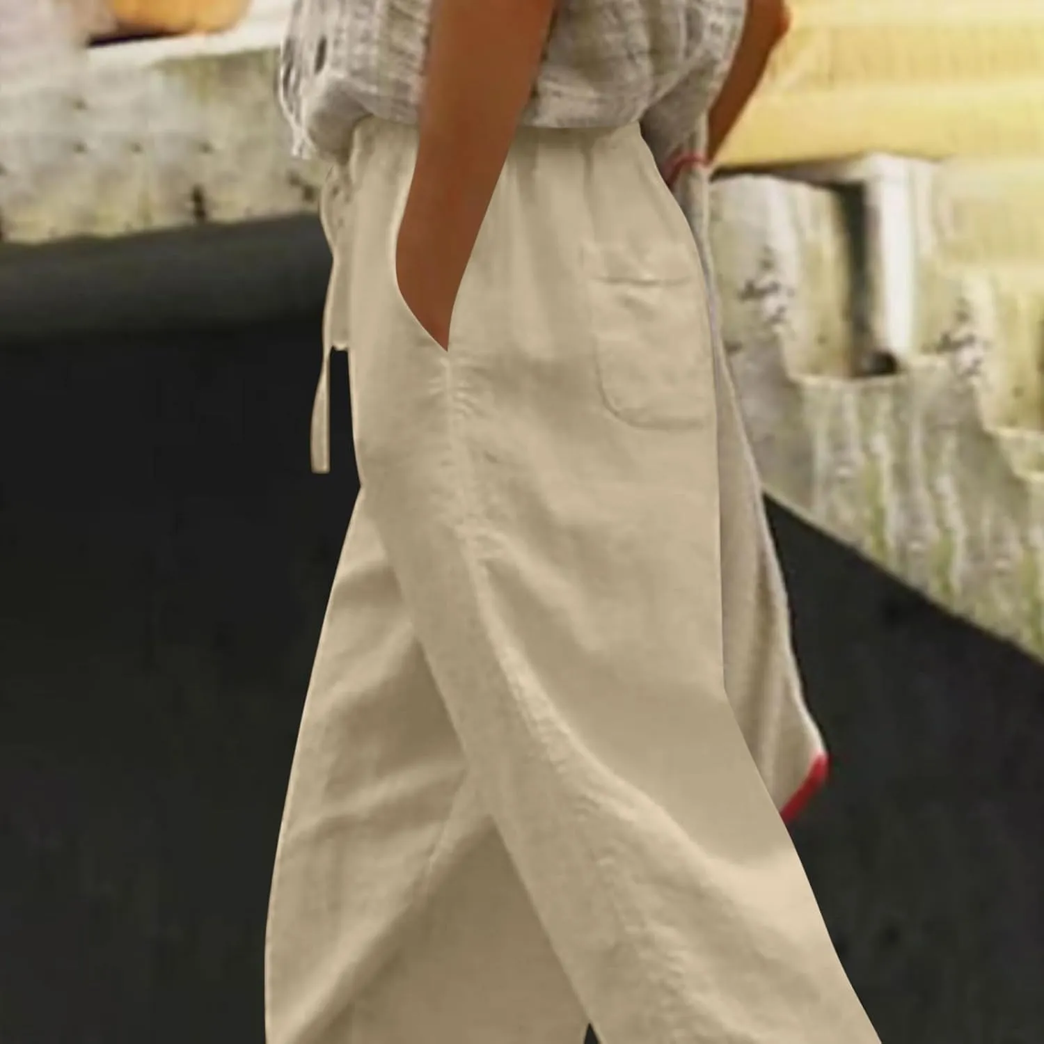 Lastesso Linen Pants Women Casual High Waist Cotton Summer Comfy Slacks Lightweight Vacation Hawaii Trousers with Pockets