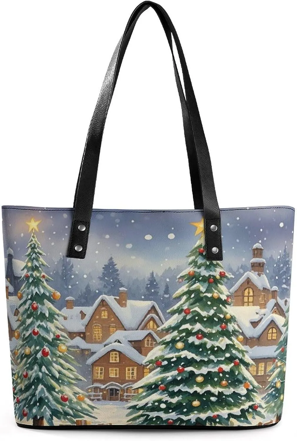 Leather Tote Bag Crossbody Bags for Women Fashion Top Handle Handbag Christmas Tree Town Ladies Shoulder Bags Casual Beach Bag Gym Bages Ladies Purses for Shopping Work Travel