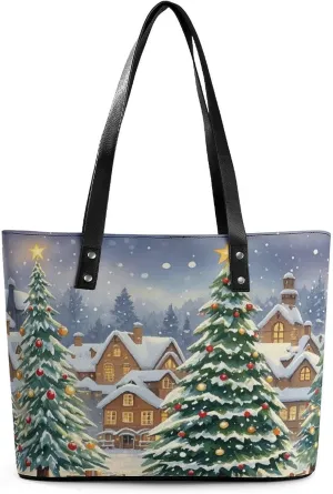 Leather Tote Bag Crossbody Bags for Women Fashion Top Handle Handbag Christmas Tree Town Ladies Shoulder Bags Casual Beach Bag Gym Bages Ladies Purses for Shopping Work Travel