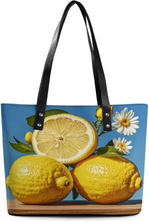 Leather Tote Bag Crossbody Bags for Women Fashion Top Handle Handbag Lemon And Flower Ladies Shoulder Bags Casual Beach Bag Gym Bages Ladies Purses for Shopping Work Travel
