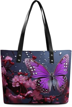 Leather Tote Bag Crossbody Bags for Women Fashion Top Handle Handbag Purple Plum Butterfly Ladies Shoulder Bags Casual Beach Bag Gym Bages Ladies Purses for Shopping Work Travel