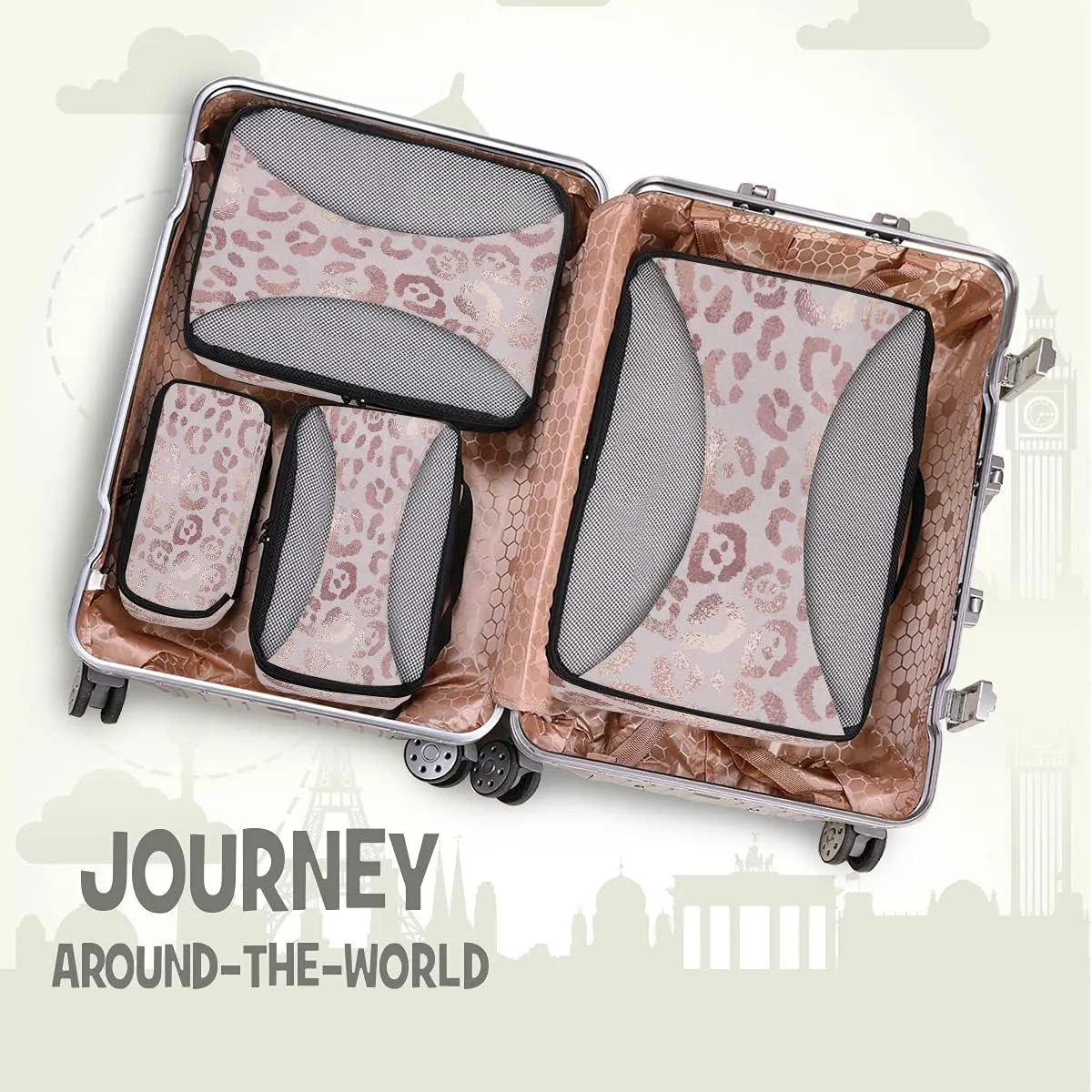 Leopard Packing Cubes for Suitcases 4 Set, Travel Packing Cubes Women Packing Travel Organizer Rose Gold Leopard