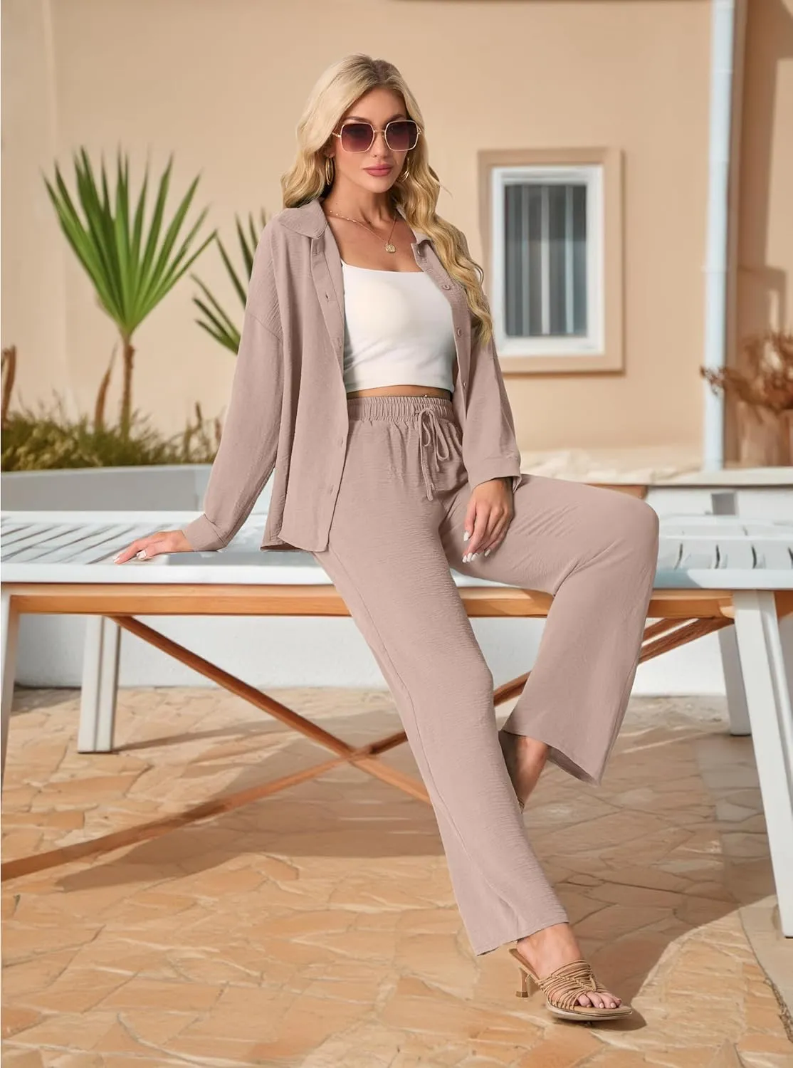 Lepunuo 2 Piece Outfits for Women Casual Lounge Sets Long Sleeve Button Down Shirts and Wide Leg Pants Sets Tracksuit