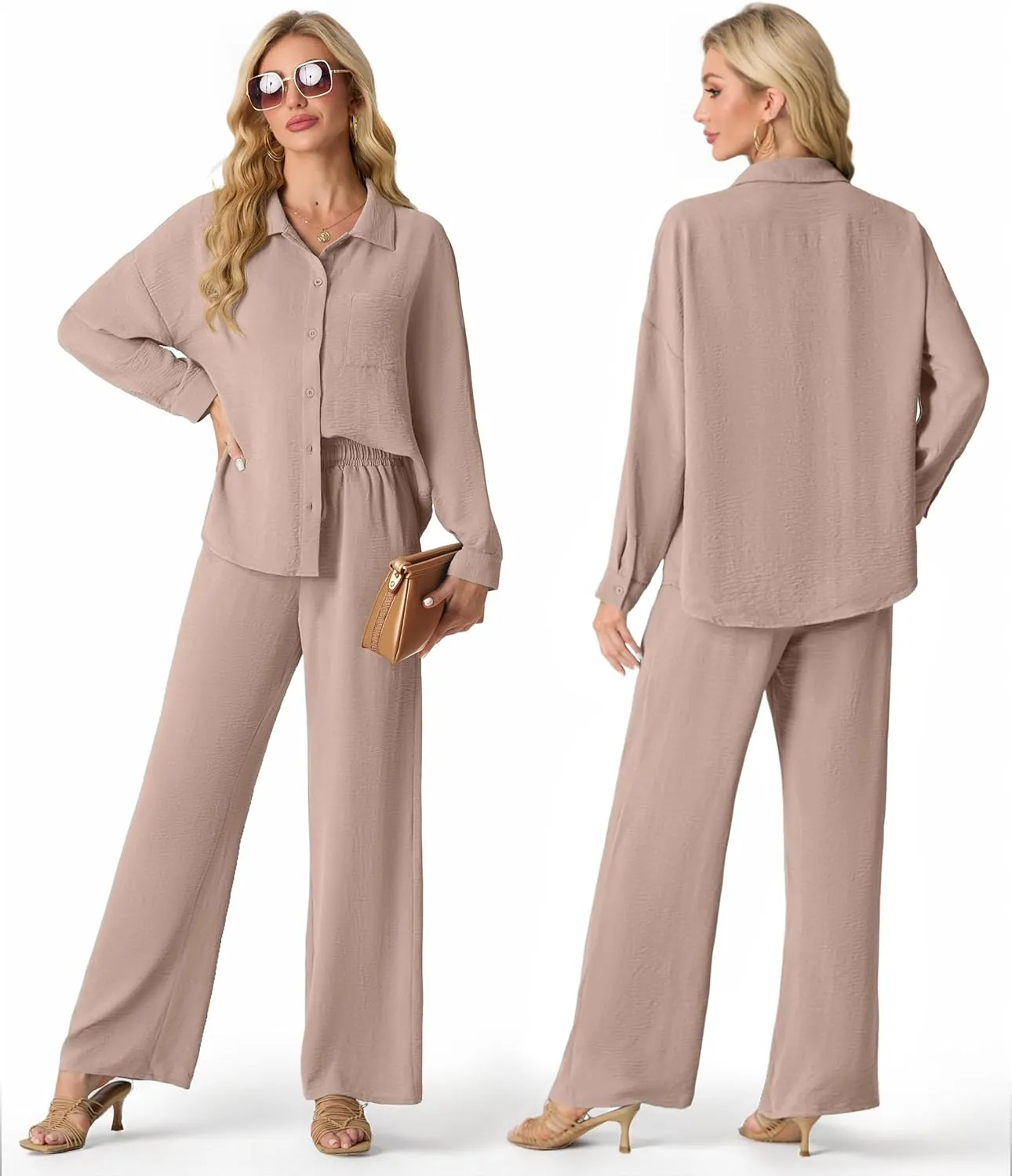 Lepunuo 2 Piece Outfits for Women Casual Lounge Sets Long Sleeve Button Down Shirts and Wide Leg Pants Sets Tracksuit