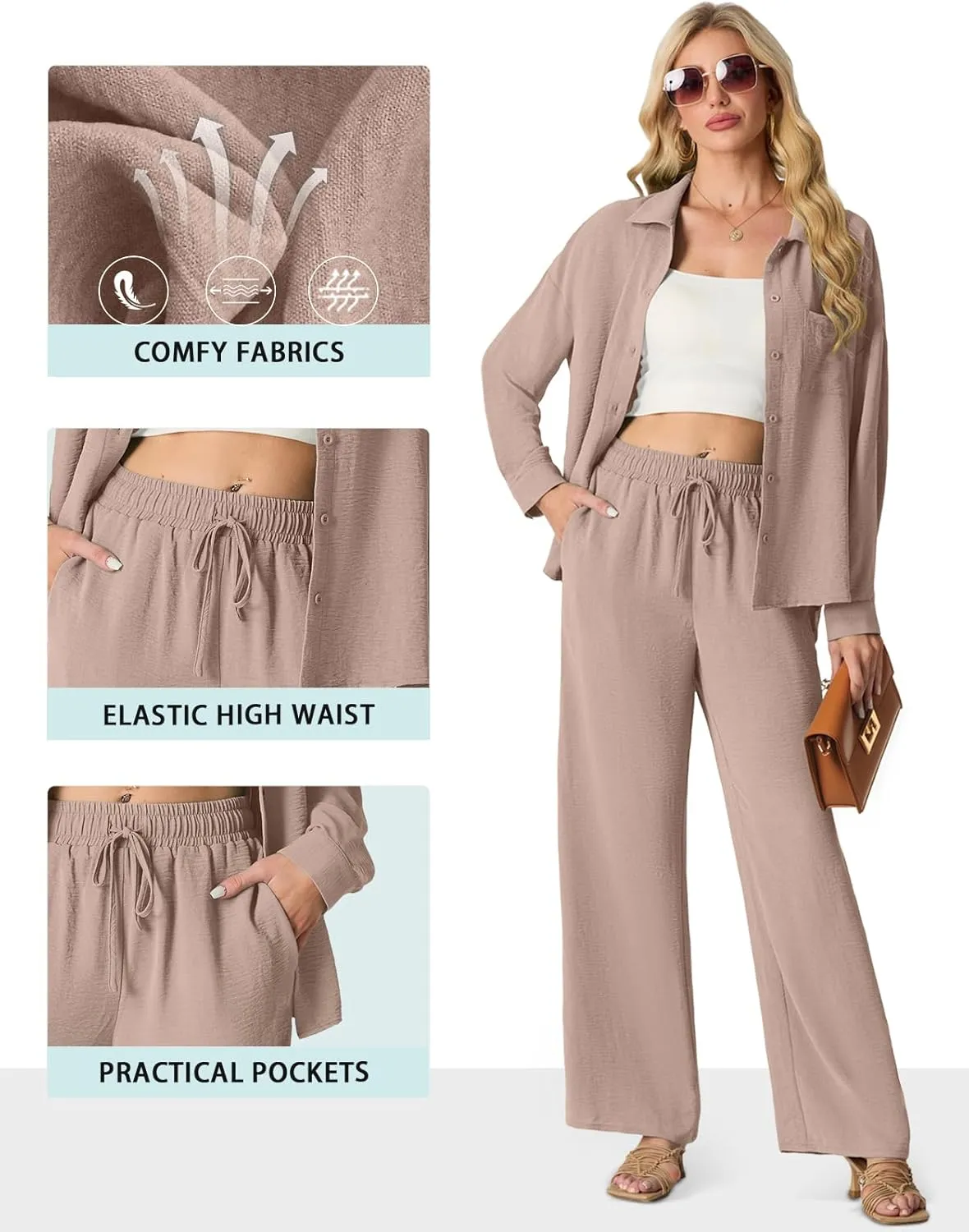 Lepunuo 2 Piece Outfits for Women Casual Lounge Sets Long Sleeve Button Down Shirts and Wide Leg Pants Sets Tracksuit