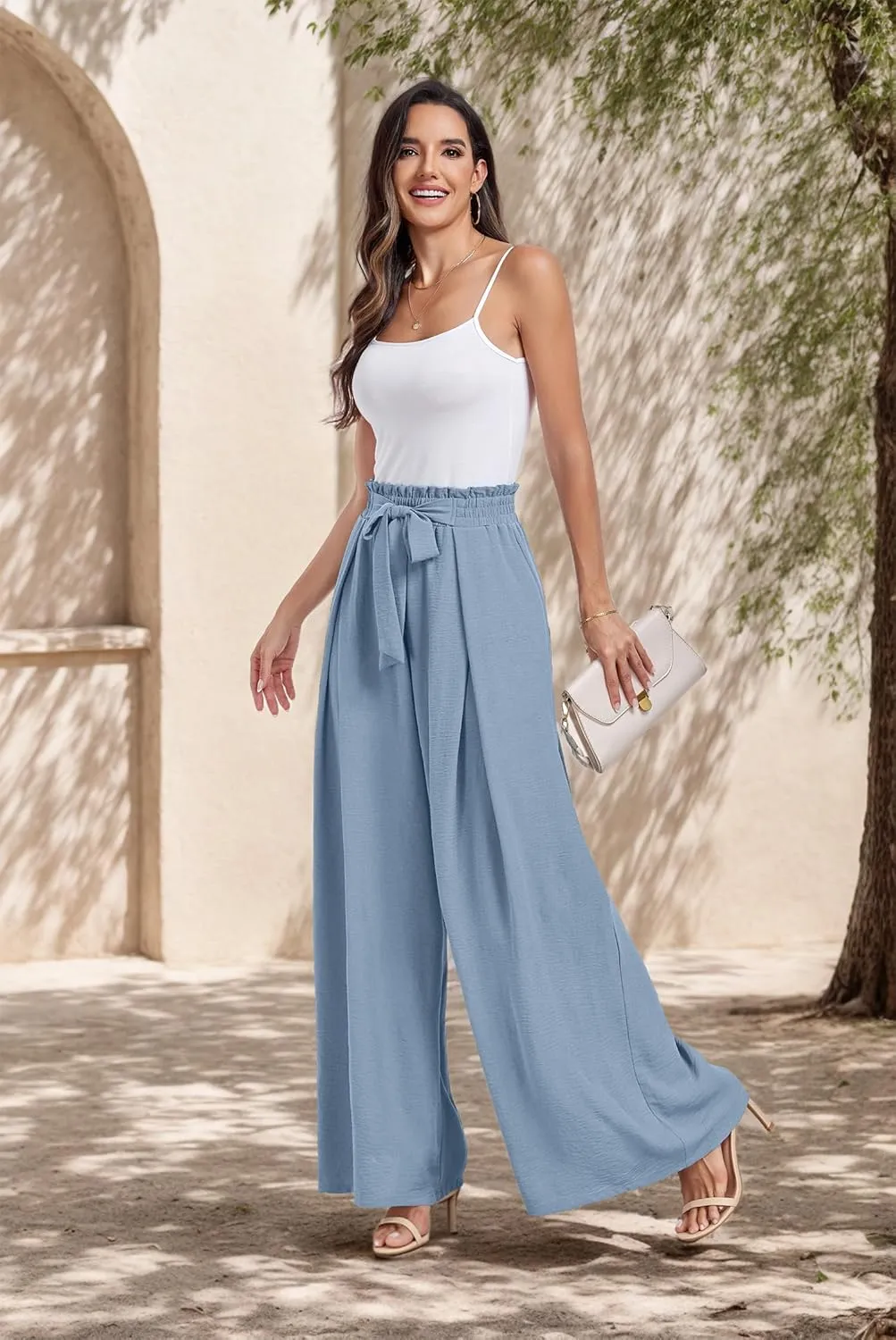 Lepunuo Wide Leg Pants for Women High Waisted Palazzo Pants Work Casual Flowy Tie Knot Trousers with Pockets