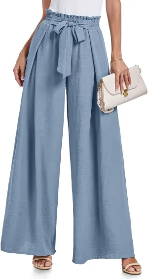 Lepunuo Wide Leg Pants for Women High Waisted Palazzo Pants Work Casual Flowy Tie Knot Trousers with Pockets