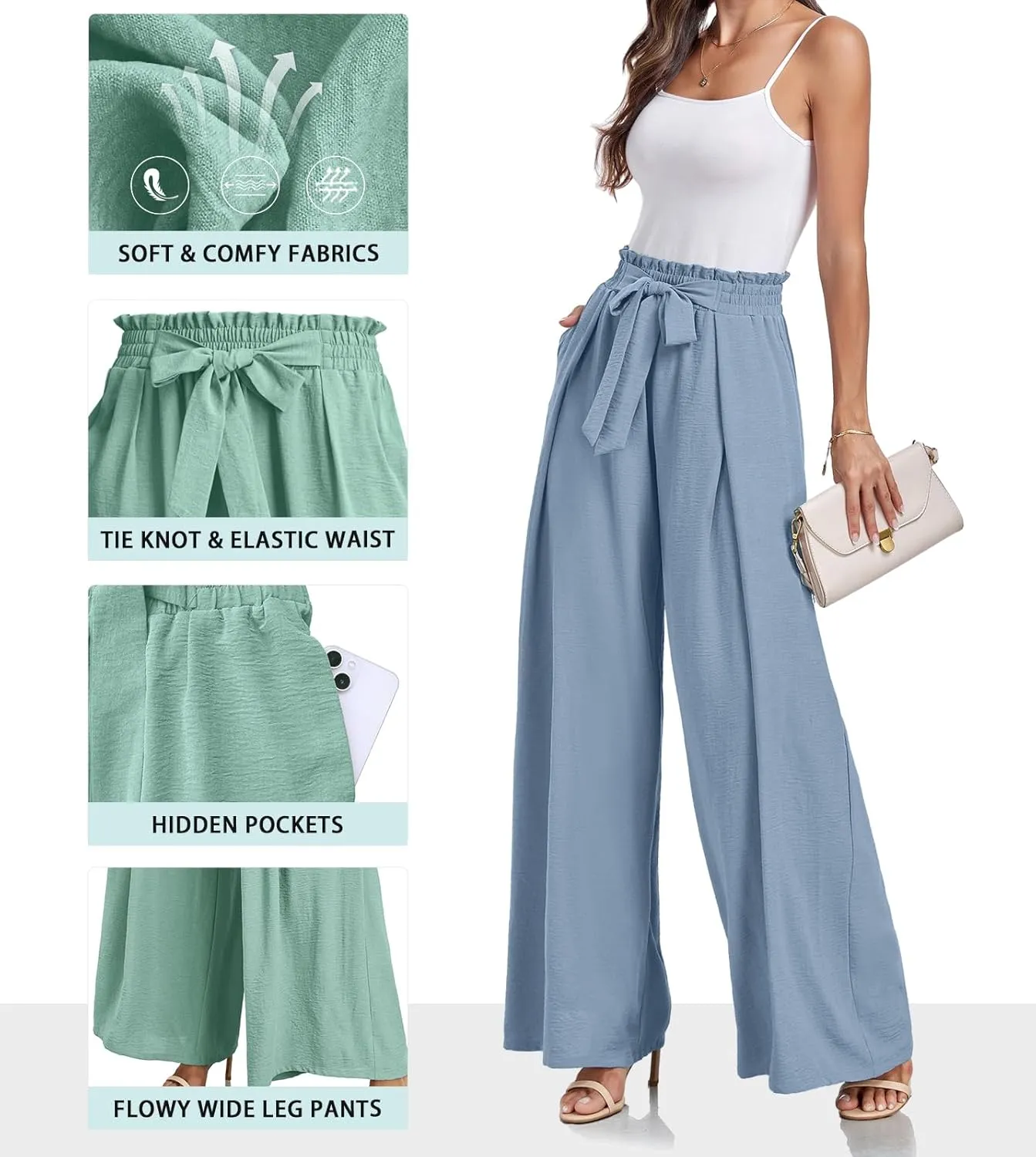 Lepunuo Wide Leg Pants for Women High Waisted Palazzo Pants Work Casual Flowy Tie Knot Trousers with Pockets
