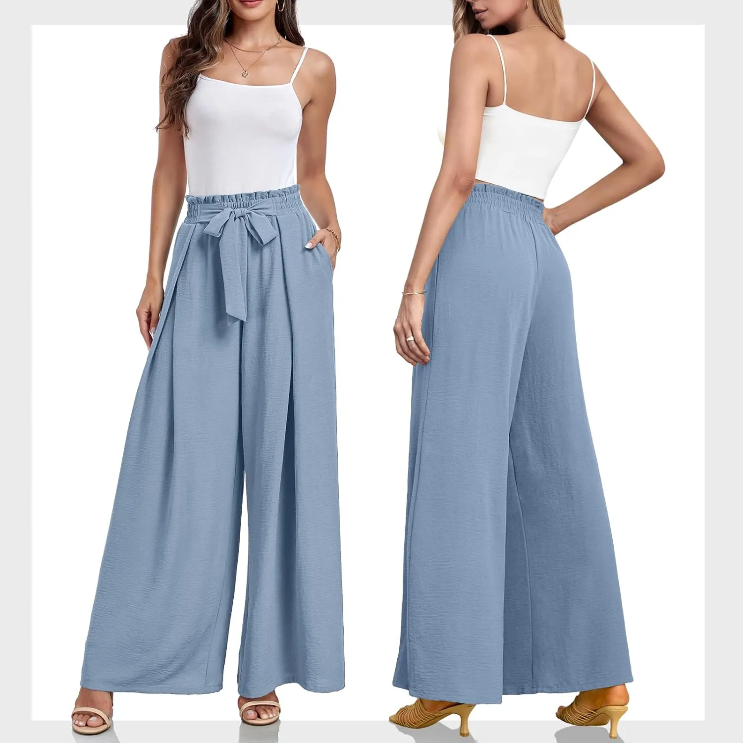 Lepunuo Wide Leg Pants for Women High Waisted Palazzo Pants Work Casual Flowy Tie Knot Trousers with Pockets