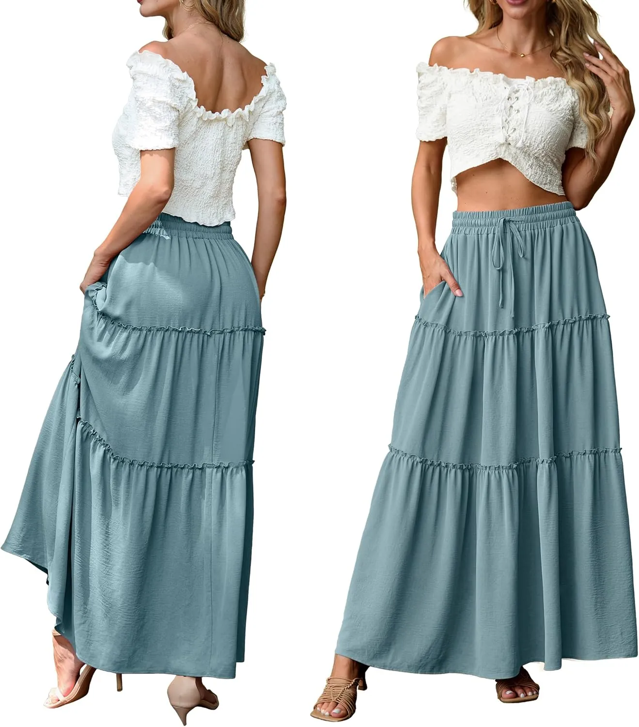 Lepunuo Womens Casual Boho High Waisted Flowy Maxi Skirts Trendy Floral Cute Long Skirts with Pockets