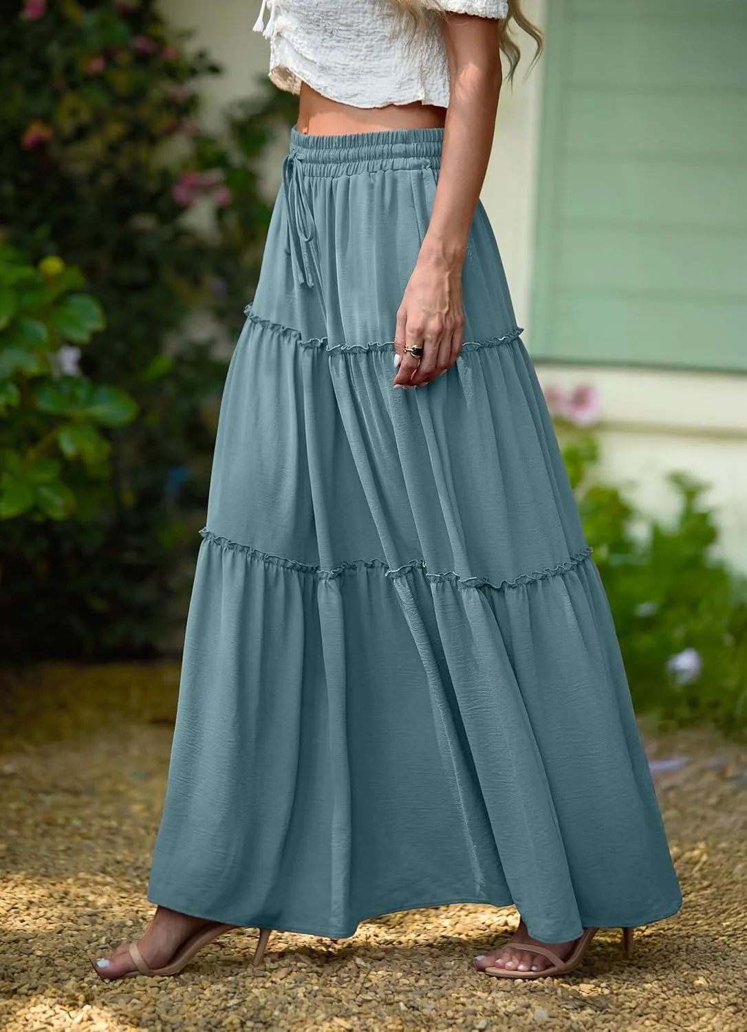 Lepunuo Womens Casual Boho High Waisted Flowy Maxi Skirts Trendy Floral Cute Long Skirts with Pockets