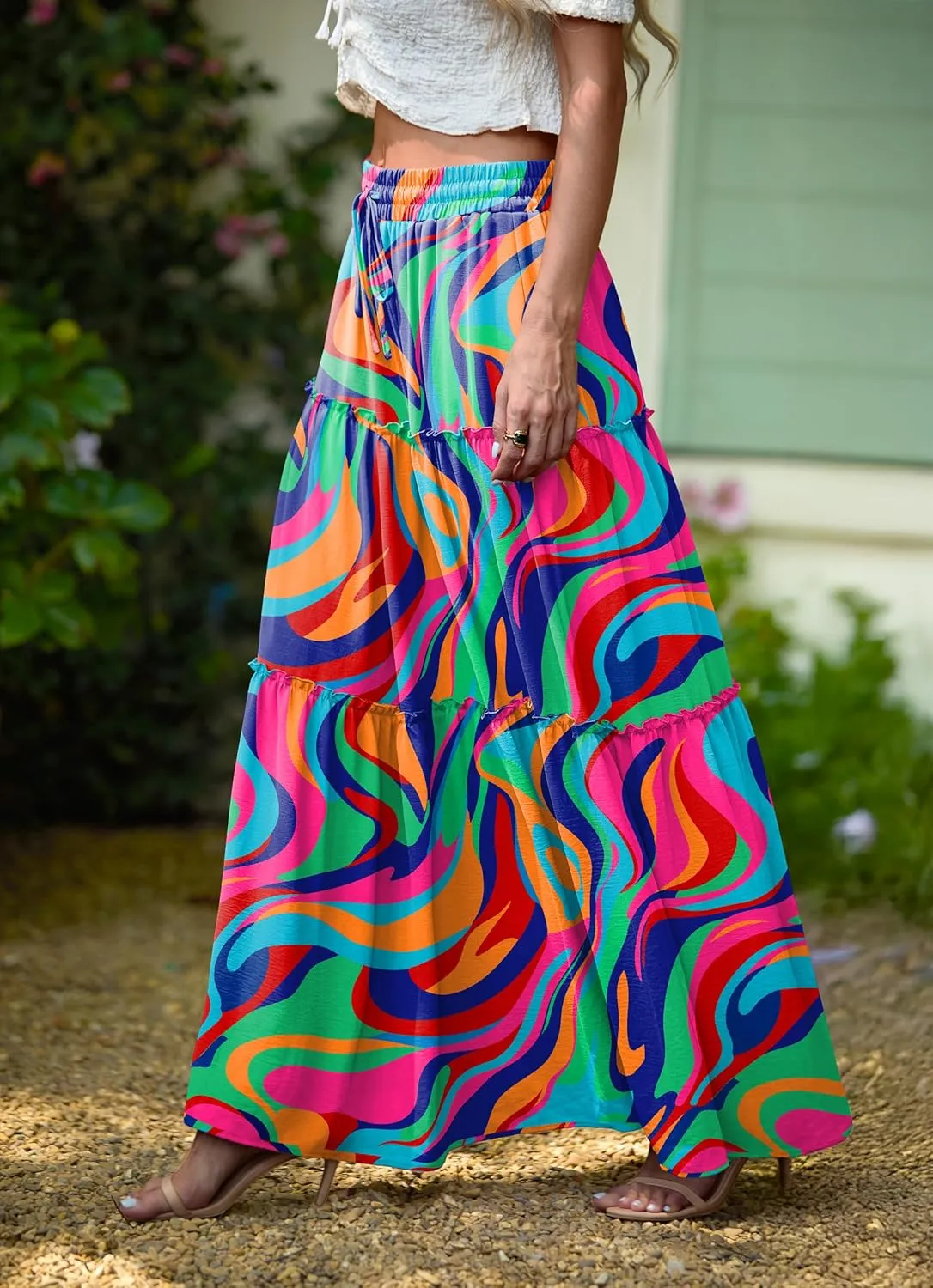 Lepunuo Womens Casual Boho High Waisted Flowy Maxi Skirts Trendy Floral Cute Long Skirts with Pockets
