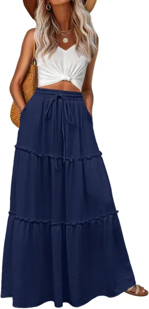 Lepunuo Womens Casual Boho High Waisted Flowy Maxi Skirts Trendy Floral Cute Long Skirts with Pockets