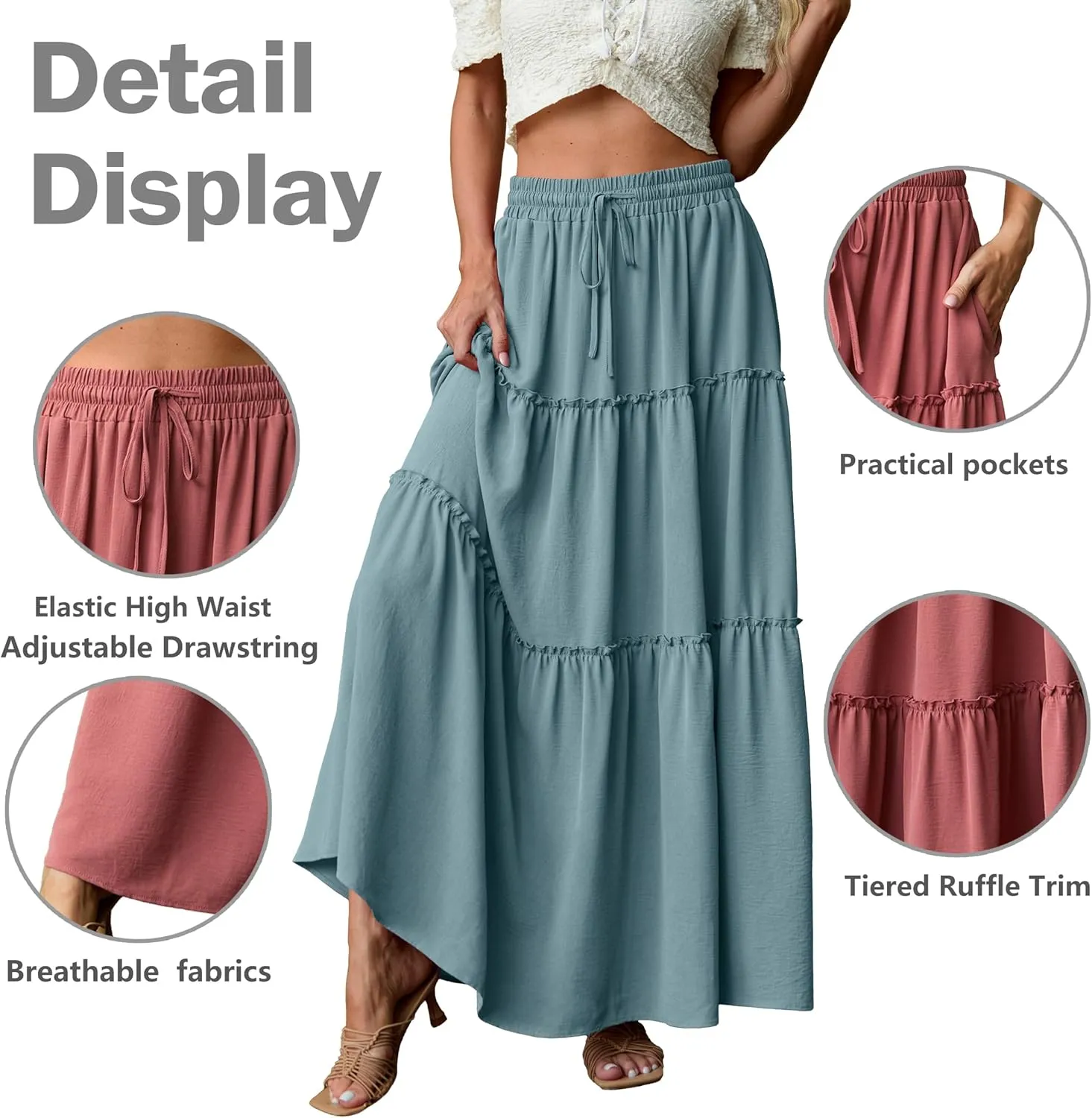 Lepunuo Womens Casual Boho High Waisted Flowy Maxi Skirts Trendy Floral Cute Long Skirts with Pockets