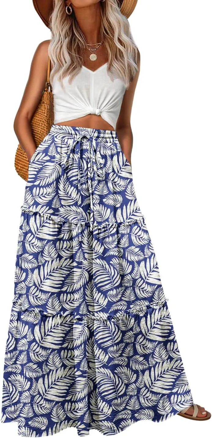 Lepunuo Womens Casual Boho High Waisted Flowy Maxi Skirts Trendy Floral Cute Long Skirts with Pockets