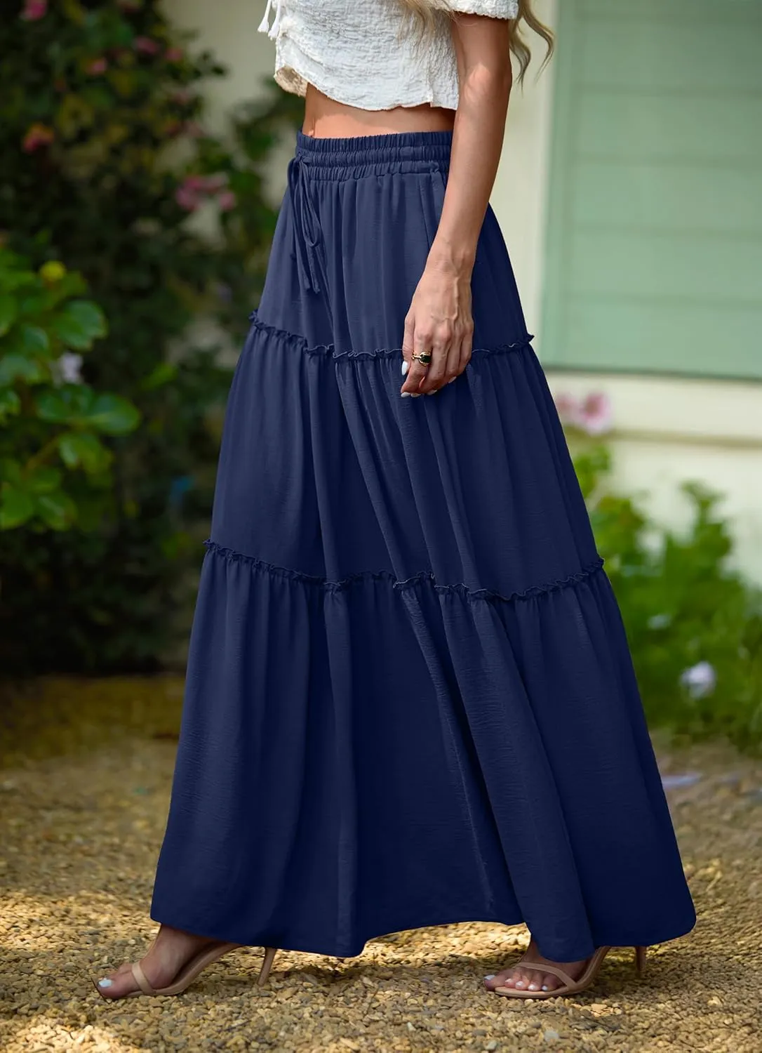 Lepunuo Womens Casual Boho High Waisted Flowy Maxi Skirts Trendy Floral Cute Long Skirts with Pockets
