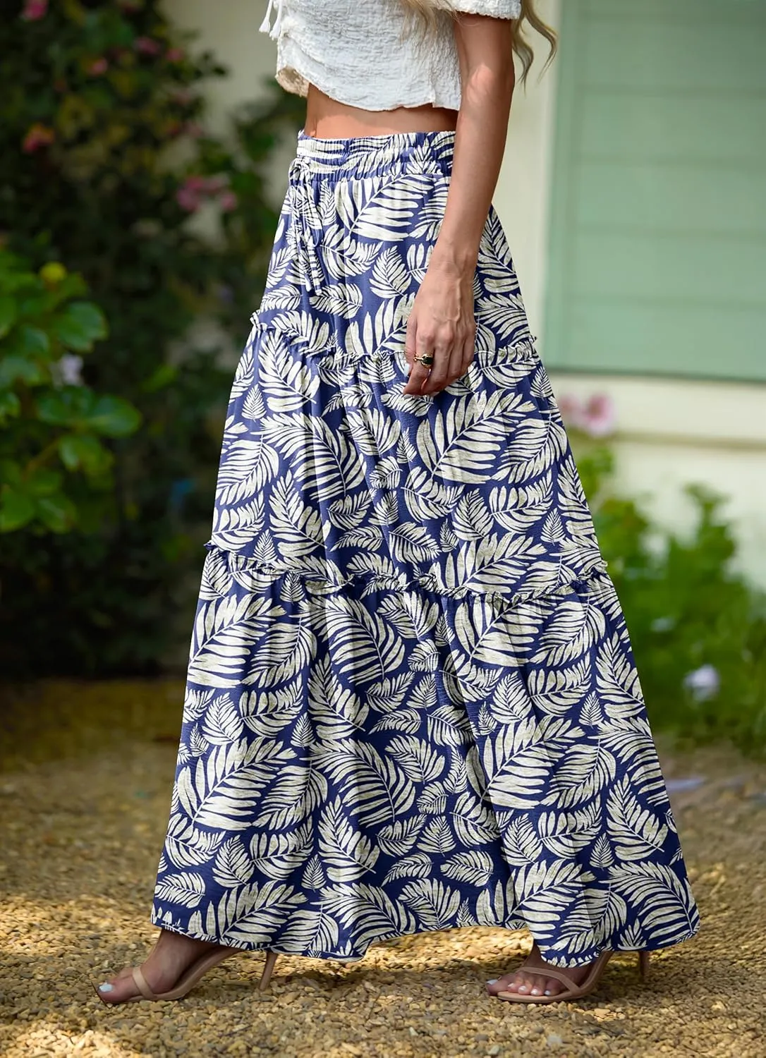 Lepunuo Womens Casual Boho High Waisted Flowy Maxi Skirts Trendy Floral Cute Long Skirts with Pockets