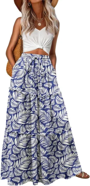 Lepunuo Womens Casual Boho High Waisted Flowy Maxi Skirts Trendy Floral Cute Long Skirts with Pockets