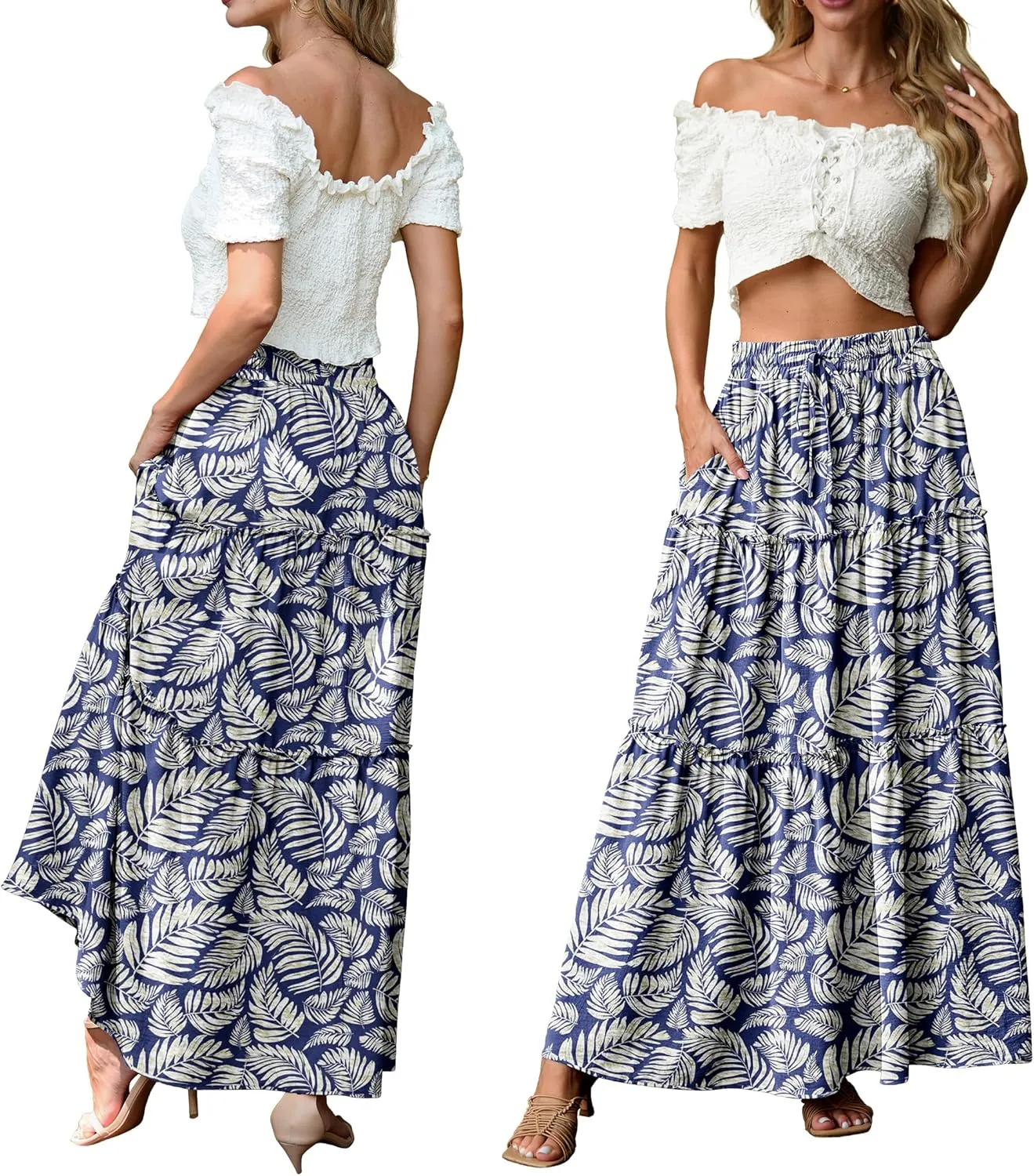 Lepunuo Womens Casual Boho High Waisted Flowy Maxi Skirts Trendy Floral Cute Long Skirts with Pockets