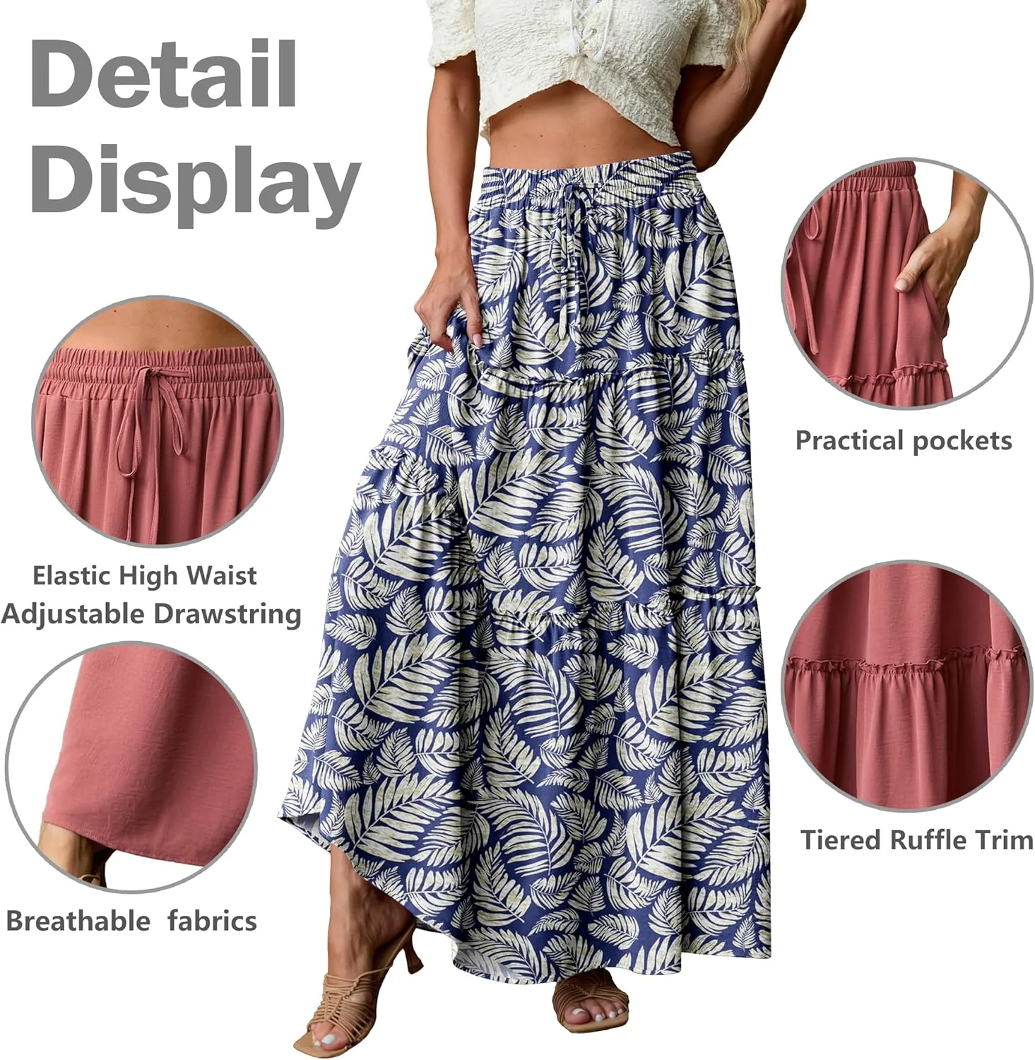 Lepunuo Womens Casual Boho High Waisted Flowy Maxi Skirts Trendy Floral Cute Long Skirts with Pockets
