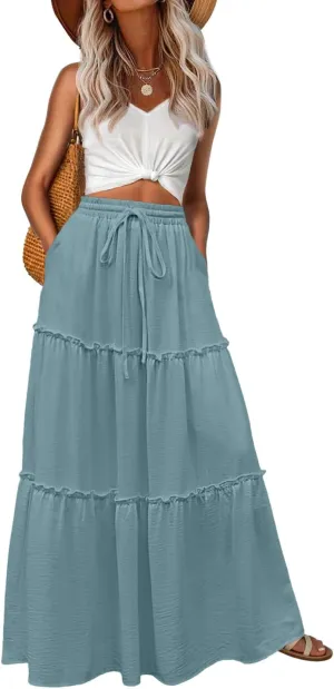 Lepunuo Womens Casual Boho High Waisted Flowy Maxi Skirts Trendy Floral Cute Long Skirts with Pockets