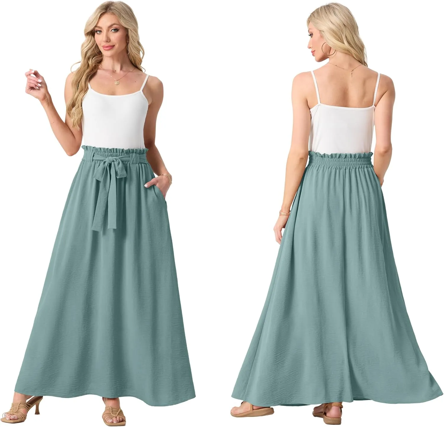 Lepunuo Womens Maxi Skirts Casual Boho Elastic High Waisted Flowy Long Skirts Trendy Floral Cute Skirts with Pockets