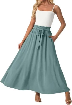 Lepunuo Womens Maxi Skirts Casual Boho Elastic High Waisted Flowy Long Skirts Trendy Floral Cute Skirts with Pockets