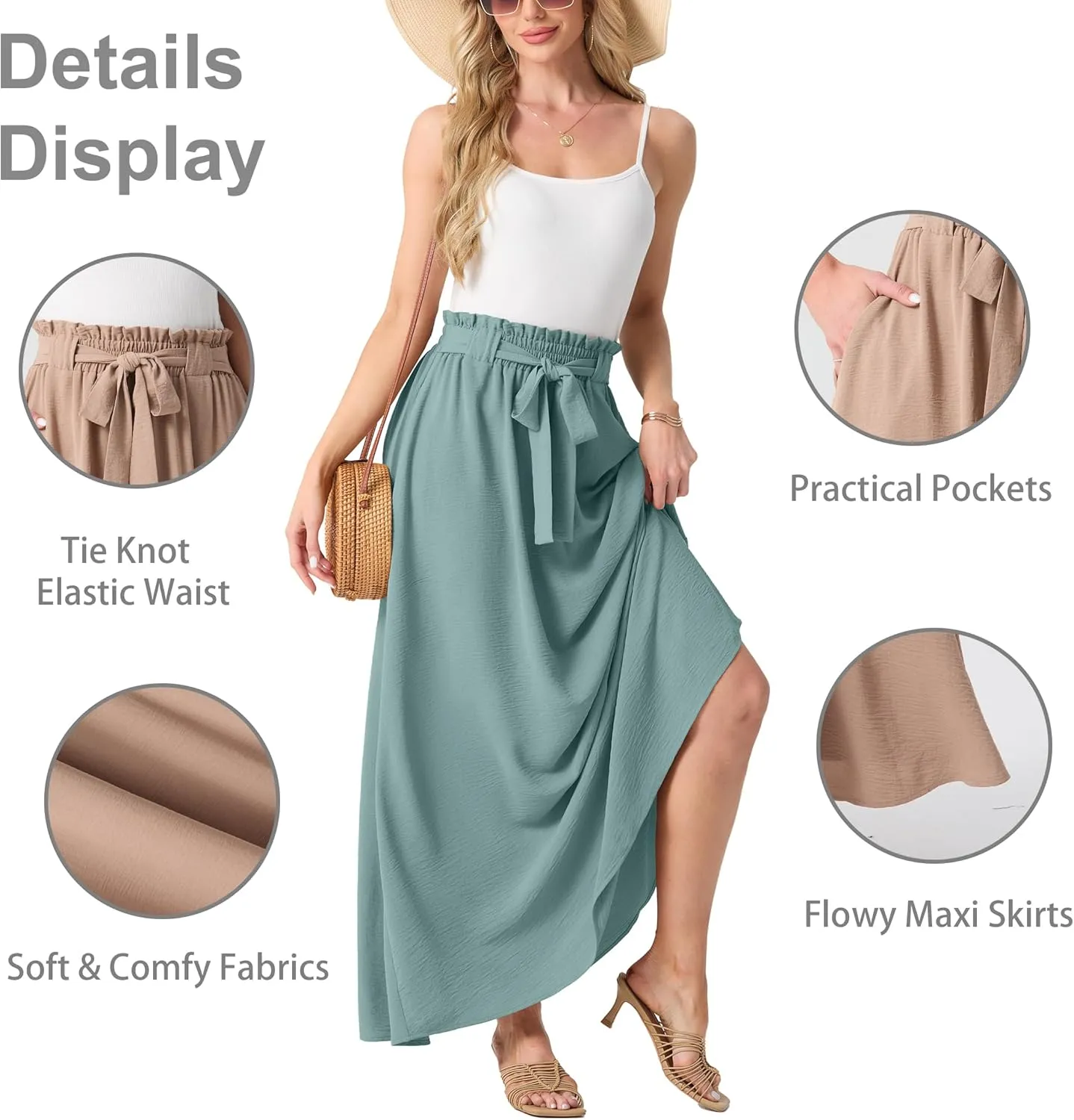 Lepunuo Womens Maxi Skirts Casual Boho Elastic High Waisted Flowy Long Skirts Trendy Floral Cute Skirts with Pockets