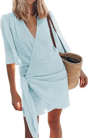 Linen Dresses for Women 2024 Summer Vacation Wrap Dress Loose Fit Tie Waist V Neck Casual Short Dresses