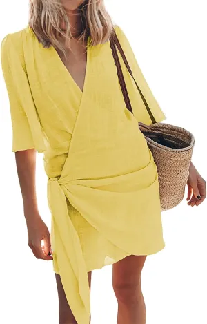 Linen Dresses for Women 2024 Summer Vacation Wrap Dress Loose Fit Tie Waist V Neck Casual Short Dresses