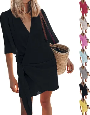 Linen Dresses for Women 2024 Summer Vacation Wrap Dress Loose Fit Tie Waist V Neck Casual Short Dresses