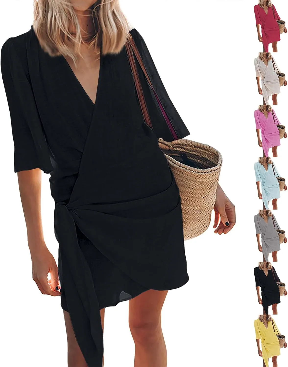 Linen Dresses for Women 2024 Summer Vacation Wrap Dress Loose Fit Tie Waist V Neck Casual Short Dresses