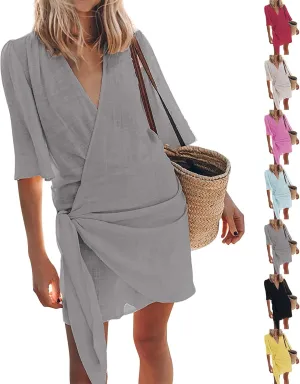 Linen Dresses for Women 2024 Summer Vacation Wrap Dress Loose Fit Tie Waist V Neck Casual Short Dresses