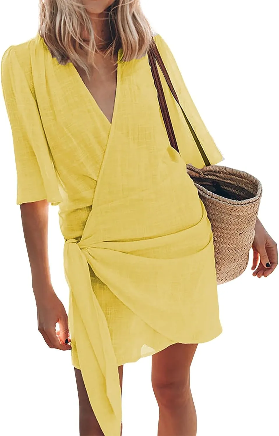 Linen Dresses for Women 2024 Summer Vacation Wrap Dress Loose Fit Tie Waist V Neck Casual Short Dresses