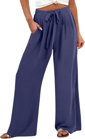 Linen Palazzo Pants for Women Flowy Wide Leg High Waist Drawstring Elastic Trousers with Pockets Lounge Baggy Pant