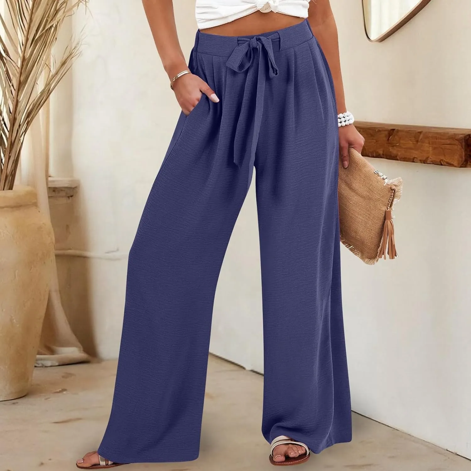 Linen Palazzo Pants for Women Flowy Wide Leg High Waist Drawstring Elastic Trousers with Pockets Lounge Baggy Pant